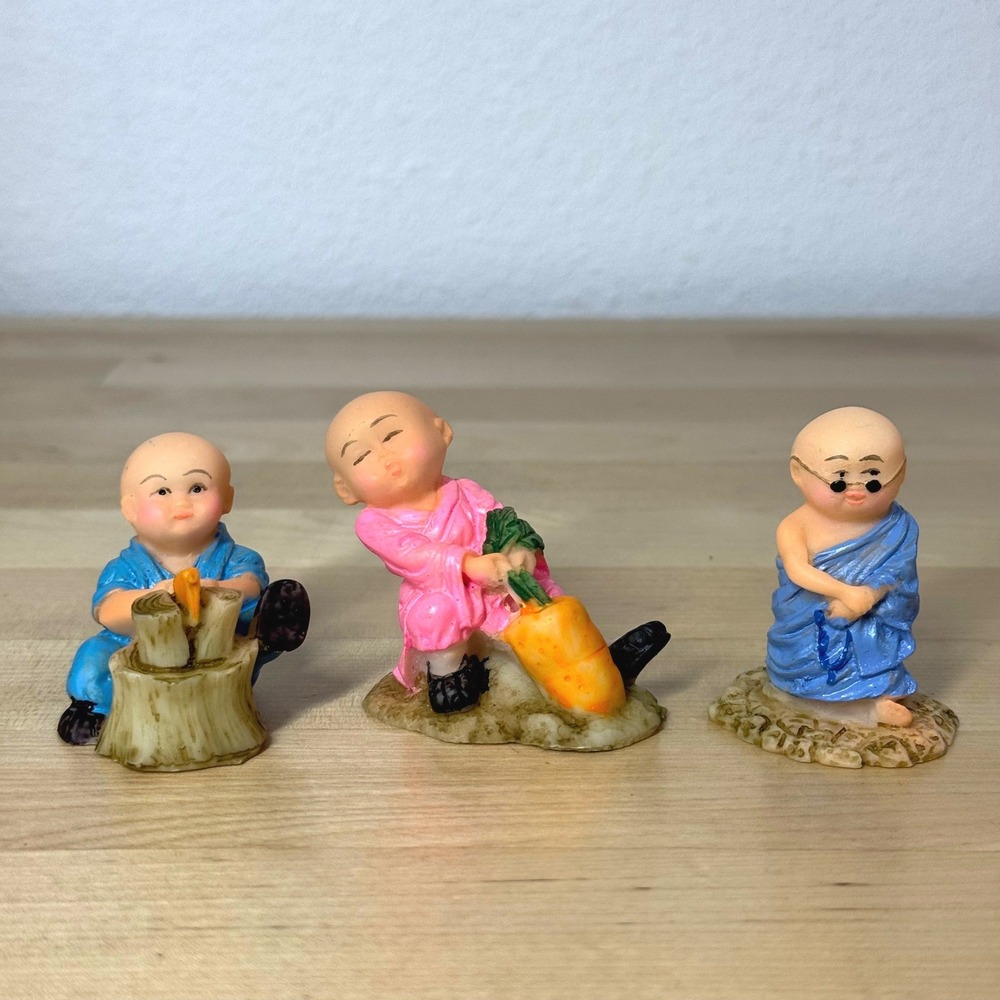 3pc Miniature Monk Figurines Resin Zen Garden Statues VTG Baby Buddah